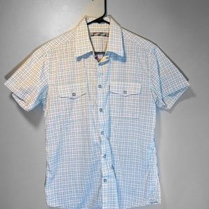 Modern Amusement Plaid Short Sleeve Button Down Shirt Orange and Blue